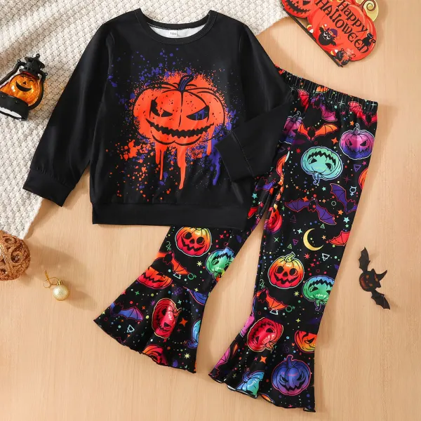 【3Y-7Y】2-Piece Girl Cute Halloween Skull Pumpkin Print Long Sleeve T-Shirt And Flared Pants Set - Popopieshop.com 