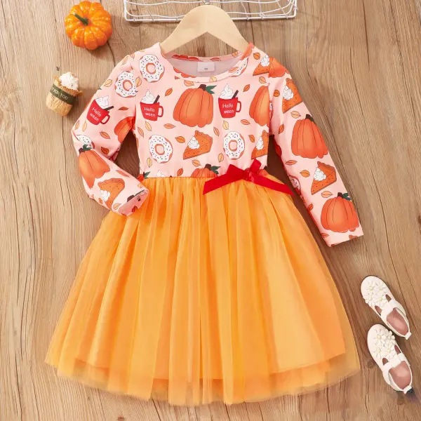 【2Y-7Y】Girl Sweet Halloween Pumpkin Print Long-sleeved Stitching Layered Tulle Dress - Thefolls.com 