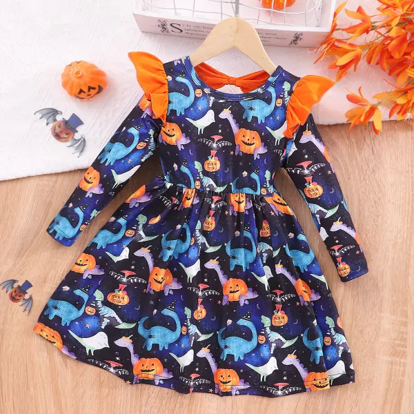 【2Y-7Y】Girl Cute Halloween Pumpkin Dinosaur Print Ruffle Long Sleeve Dress - Thefolls.com 