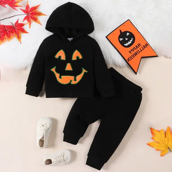 【9M-4Y】2-Piece Boy Cute Halloween Black Warm Cartoon Embroidered Hoodie Sweatshirt And Pants Set - Popopieshop.com 