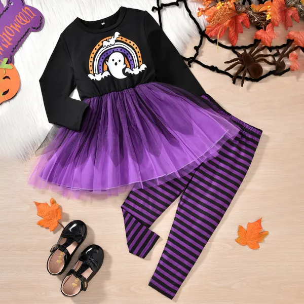 【18M-5Y】2-Piece Girl Cute Halloween Cartoon Print Long Sleeve Splicing Layered Tulle Top And Striped Pants Set - Thefolls.com 