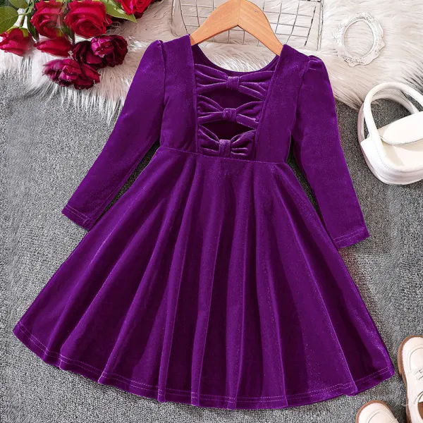 【18M-6Y】Girls Velvet Bow Backless Long Sleeve Dress - Popopieshop.com 