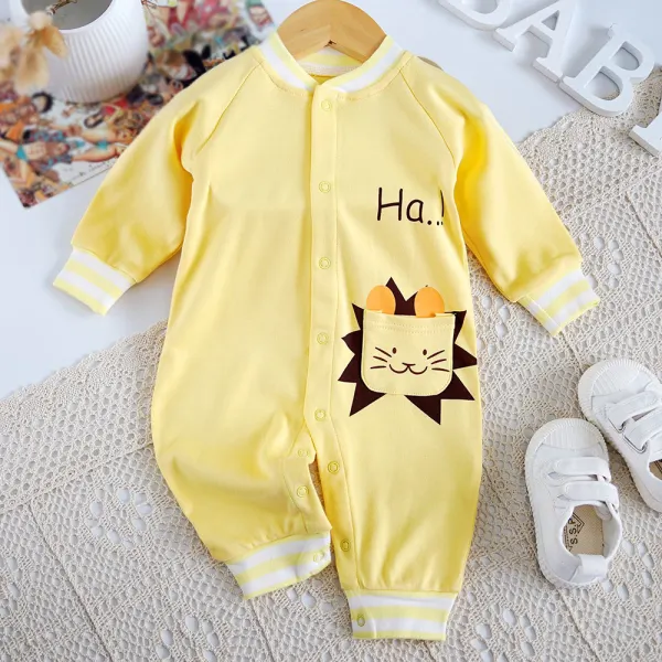 【0M-18M】Baby Boy Cotton Yellow Lion Print Long Sleeve Romper - Popopieshop.com 