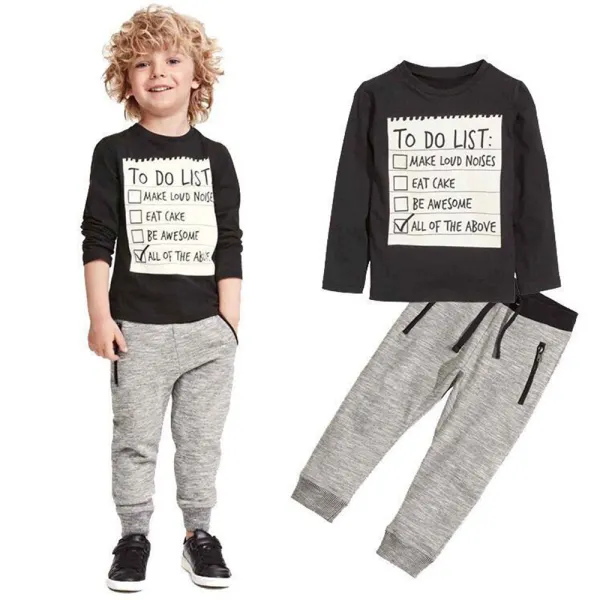 【2Y-8Y】2-piece Boys Black Letter Print Long Sleeve T-shirt And Pants Set - Popopieshop.com 