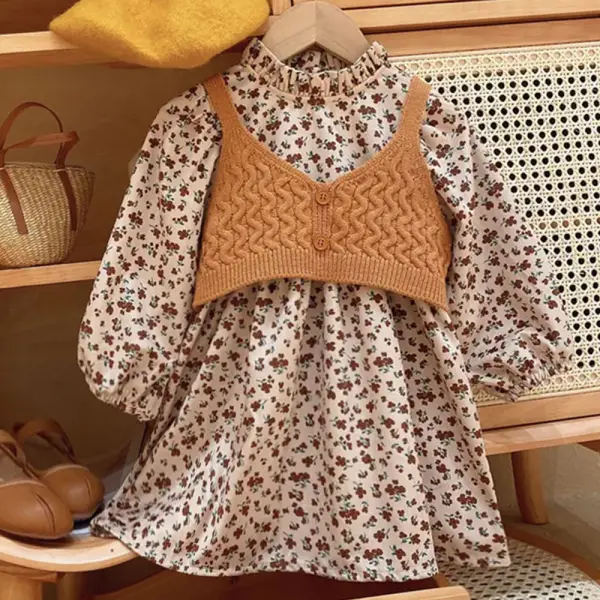 【18M-8Y】2-piece Girls Corduroy Floral Long Sleeve Dress And Sweater Top Set - 34531 - Popopieshop.com 