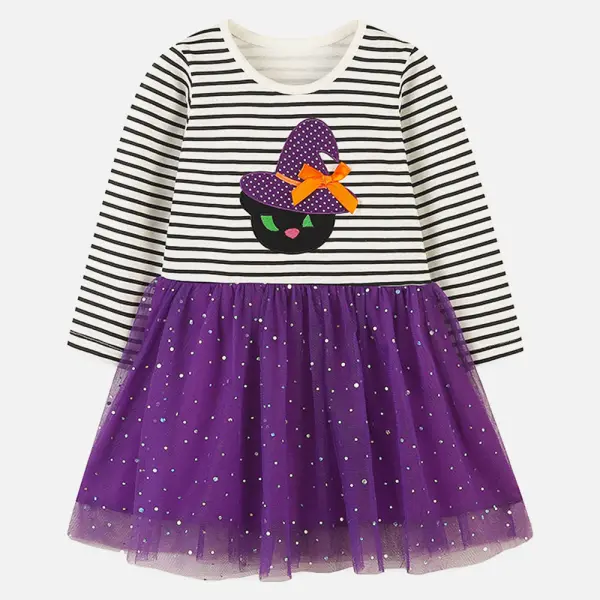 【18M-7Y】Girls Purple Striped Halloween Embroidered Long-Sleeved Dress - Popopieshop.com 