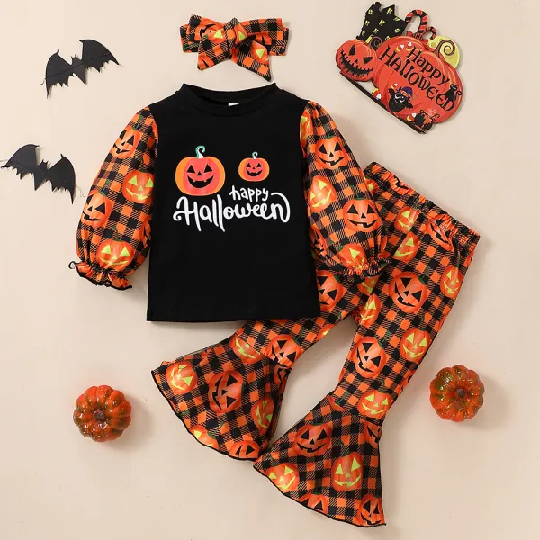 【12M-5Y】3-Piece Girls Halloween Print Long Sleeve T-Shirt And Pants Set With Hairband - Popopieshop.com 