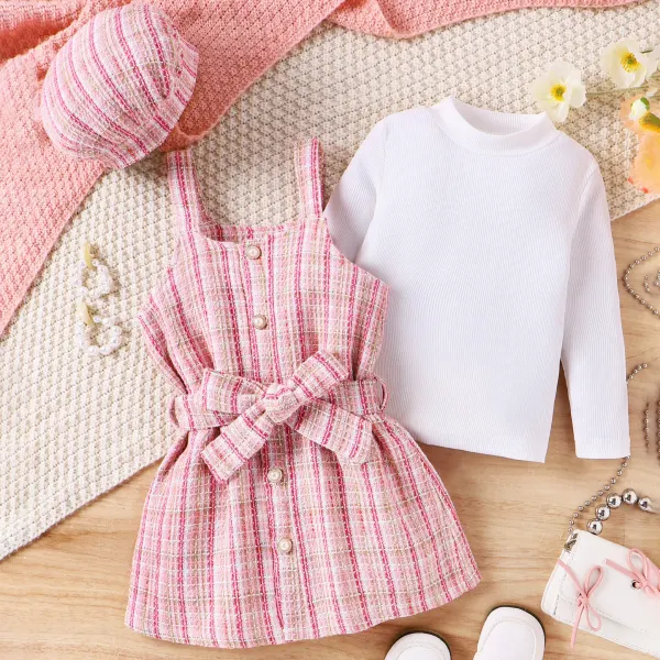 【3Y-7Y】3-piece Girls Stylish White T-shirt And Pink Tweed Dress Set With Hat - Popopieshop.com 
