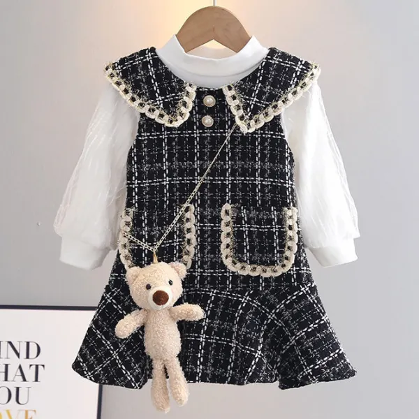 【18M-8Y】3-Piece Girls' Stylish White Bubble Sleeve T-Shirt And Black And White Plaid Lapel Tweed Dress Set With Bear Toy - 33505 - Popopieshop.com 