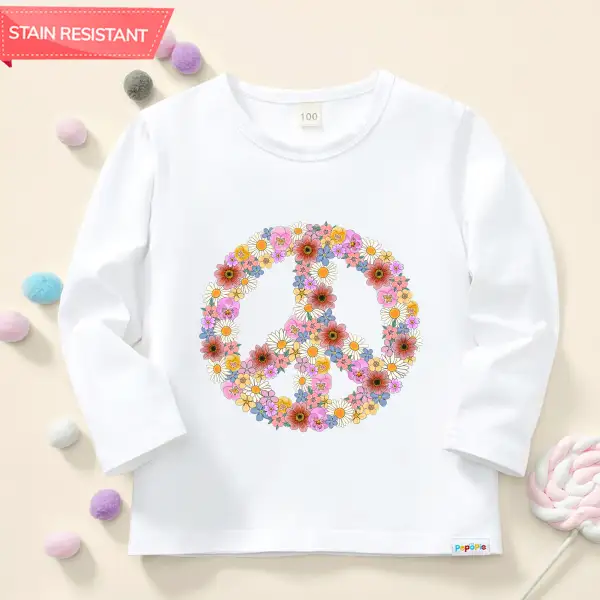 【12M-9Y】Girl Cute Flowers Peace Symbol Print Cotton Stain Resistant Long Sleeve T-shirt - Popopieshop.com 