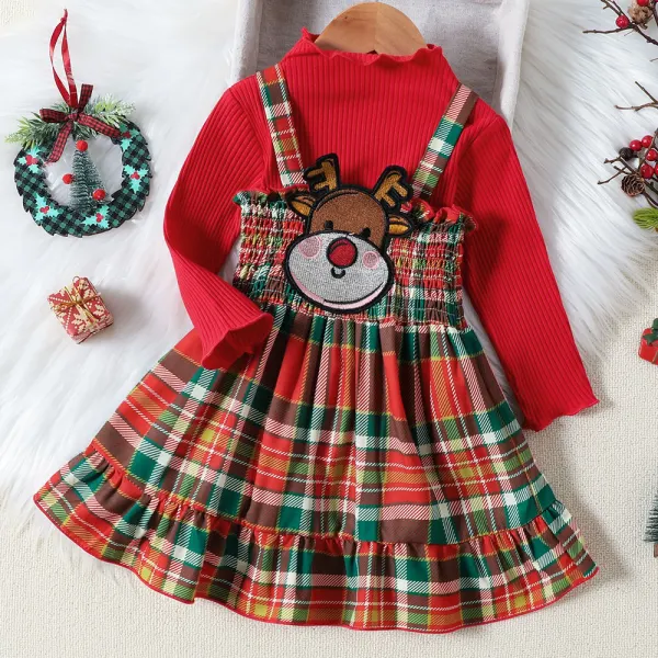 【12M-5Y】2-Piece Girls Christmas Moose Embroidered Long Sleeve T-Shirt And Plaid Dress Set - Thefolls.com 