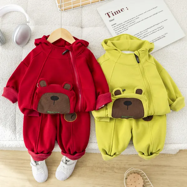 【6M-4Y】2-piece Boys Casual Fashion Bear Pocket Design Hooded Sweatshirt And Sweatpants Set - Popopieshop.com 