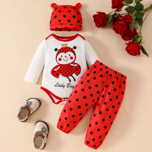 【0M-18M】3-piece Baby Girls Cute Ladybug And Letter Print Romper And Polka Dot Pants Set With Hat - Popopieshop.com 