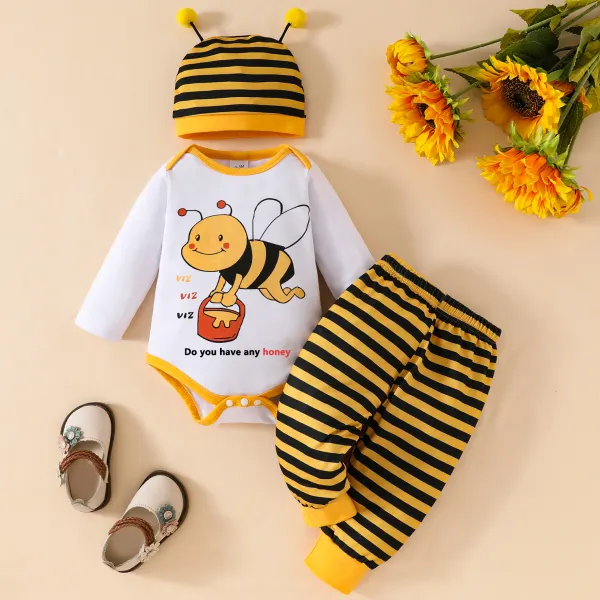【0M-18M】3-Piece Baby Girl's Cute Bee And Letter Print Romper And Striped Pants Set With Hat - Popopieshop.com 
