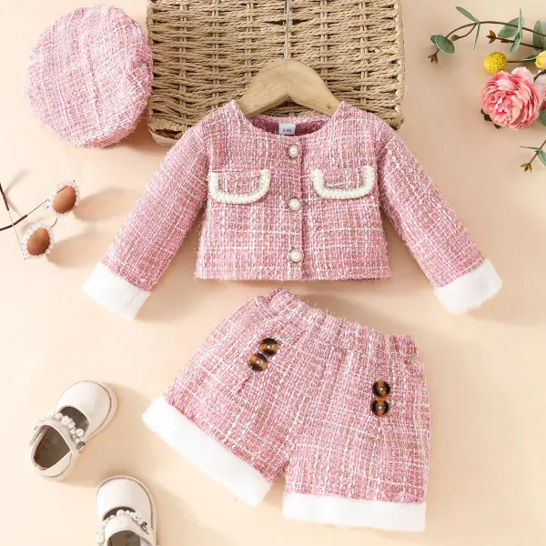 【6M-3Y】3-piece Baby Girl Stylish Pink Tweed Jacket And Shorts Set With Hat - Popopieshop.com 