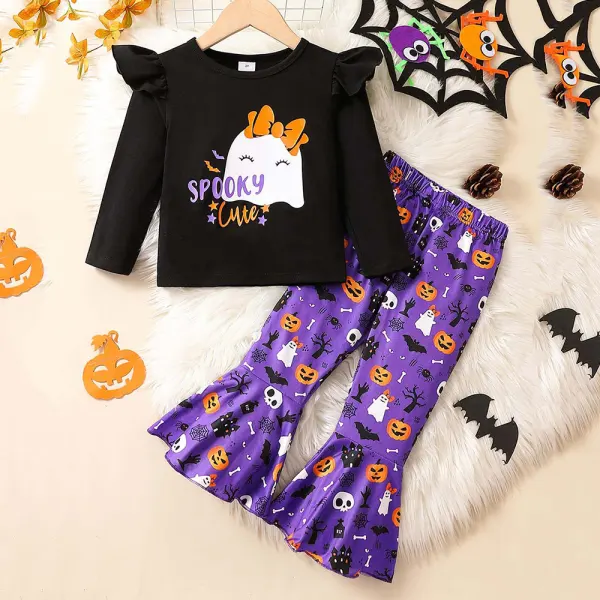 【18M-6Y】2-piece Girls Cute Halloween Tassel Long Sleeve T-shirt And Pumpkin Print Flared Pants Set - Popopieshop.com 