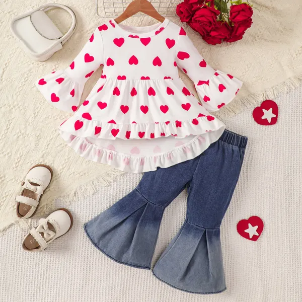 【6M-3Y】2-piece Baby Girl Heart Print Long Sleeve T-shirt And Denim Flare Pants Set - Popopieshop.com 