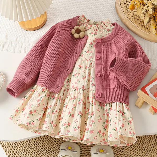 【18M-6Y】Girls Sweet Floral Print Long Sleeve Dress Pink Sweater Cardigan - 33506 - Popopieshop.com 