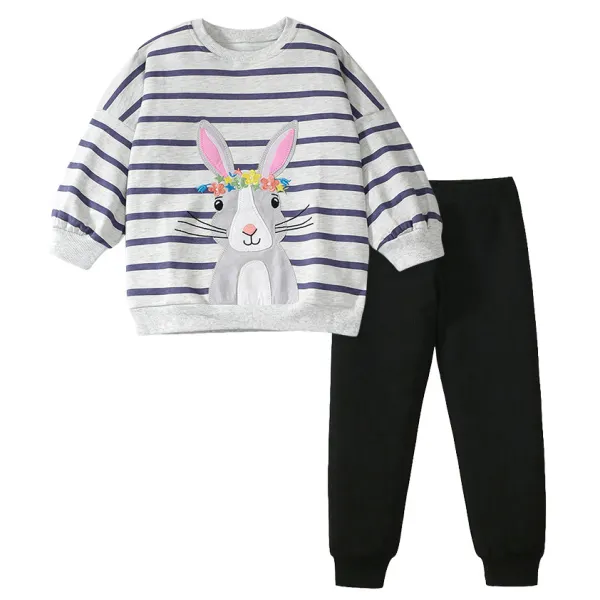 【1Y-7Y】2-Piece Girls Cute Flower Bunny Embroidered Striped Sweatshirt And Pants Set - 34798 - Popopieshop.com 