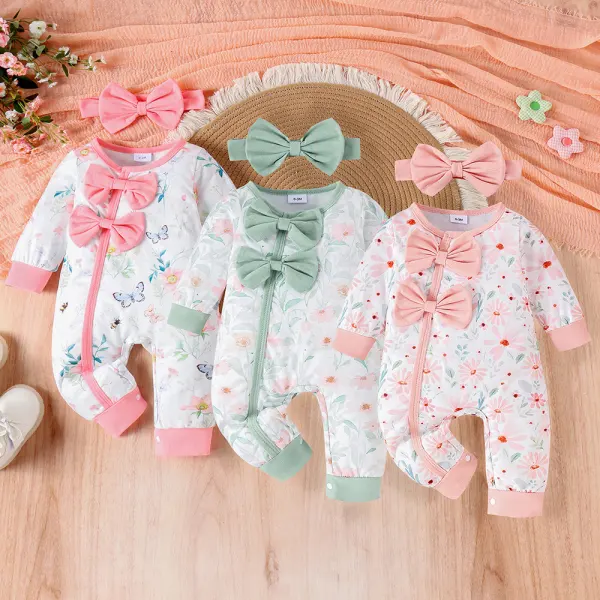 【0M-18M】Baby Girl Cute Floral Butterfly Print Bowknot Long Sleeve One-piece - Popopieshop.com 