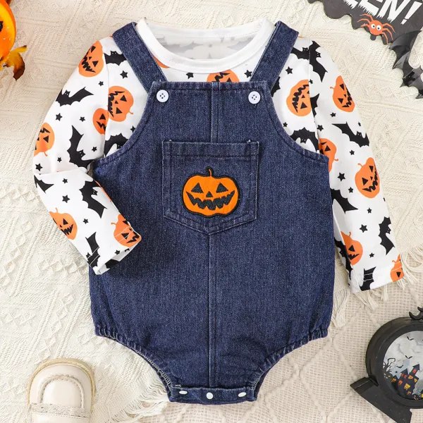 【0M-18M】2-piece Unisex Baby Halloween Pumpkin Print Long Sleeve T-shirt And Denim Romper Set - Popopieshop.com 