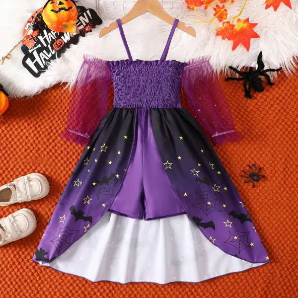 【1Y-6Y】Girls Purple Halloween Print Off The Shoulder Jumpsuit - Popopie.com 
