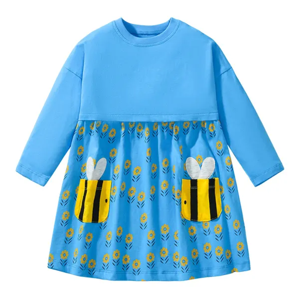 【18M-7Y】Girls Blue Bee Print Long Sleeve Dress - Popopieshop.com 