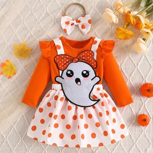 【0M-24M】3-piece Baby Girl Halloween Long Sleeve Romper And Cartoon Embroidered Strap Dress Set With Hair Accessories - Popopieshop.com 