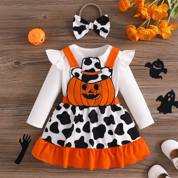【0M-24M】3-Piece Baby Girl Halloween Long Sleeve Romper And Pumpkin Embroidered Strap Dress Set With Hair Accessories - Popopieshop.com 