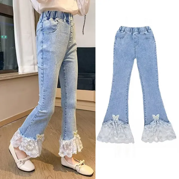 【3Y-15Y】Girls Sweet Fashion Lace And Butterfly Embroidered Blue Denim Flared Pants - Popopieshop.com 
