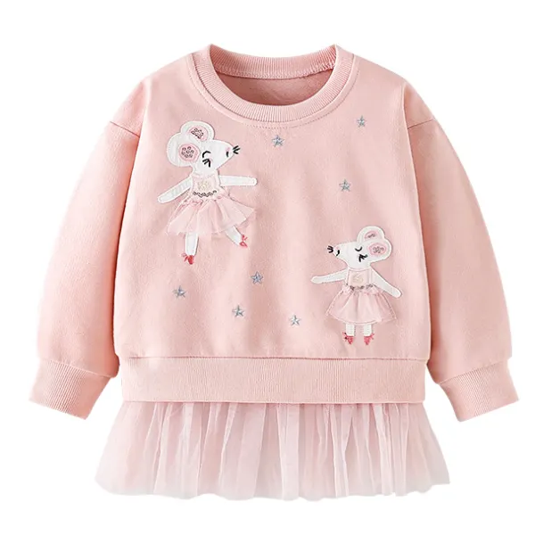 【18M-8Y】Girls Fashion Sweet Cartoon Mouse And Star Embroidered Pink Sweatshirt - Popopieshop.com 
