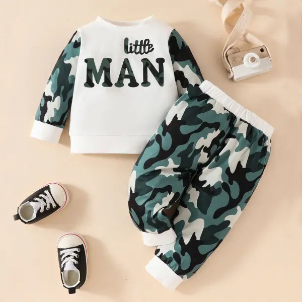 【6M-3Y】2-piece Baby Boys Letter Print Sweatshirt And Camouflage Sweatpants Set - Popopieshop.com 