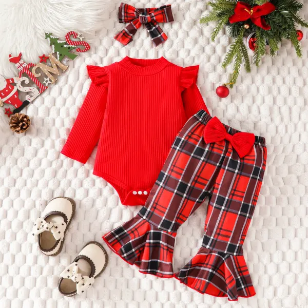 【0M-18M】3-piece Baby Girls Cute Red Romper And Bow Plaid Flared Pants Set With Hairband - Popopieshop.com 