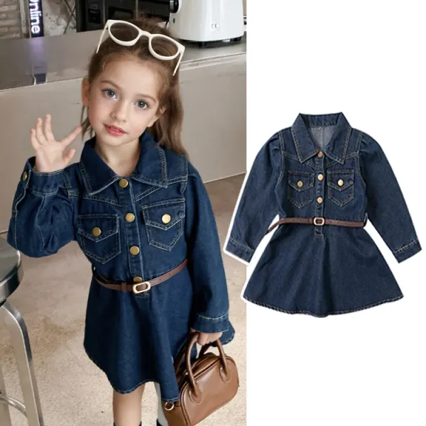 【18M-8Y】Girls Fashion Lapel Denim Dress With Belt - 33492 - Popopieshop.com 