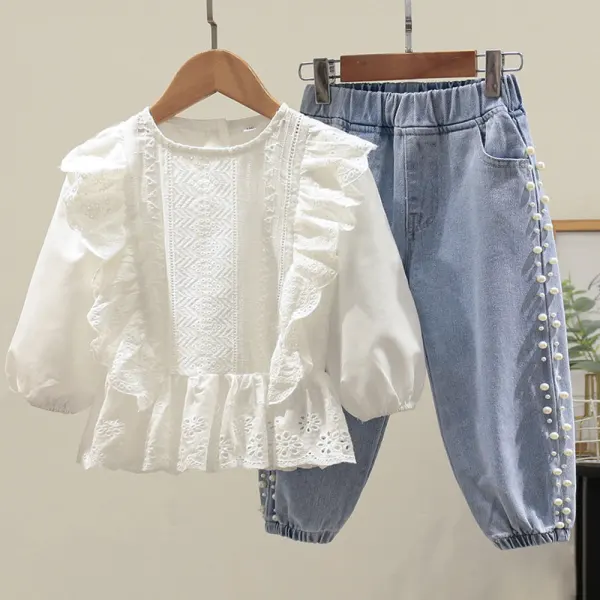 【2Y-8Y】2-piece Girls Sweet Lace Ruffle Puff Sleeve Blouse And Pearl Decorate Jeans Set - Popopieshop.com 