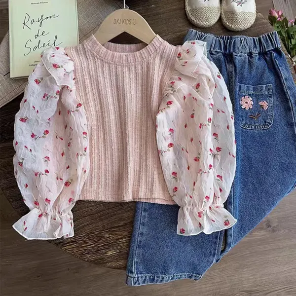 【2Y-8Y】2-piece Girls Sweet Chiffon Floral Puff Sleeve Top And Jeans Set - Popopieshop.com 
