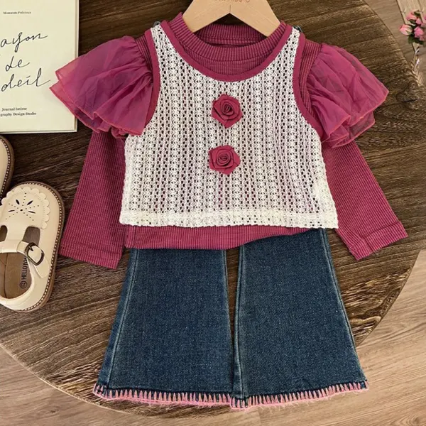 【2Y-8Y】3-piece Girls Sweet Ruffled Long-sleeved T-shirt Lace Hollow Tank Top And Flared Jeans Set - Popopieshop.com 