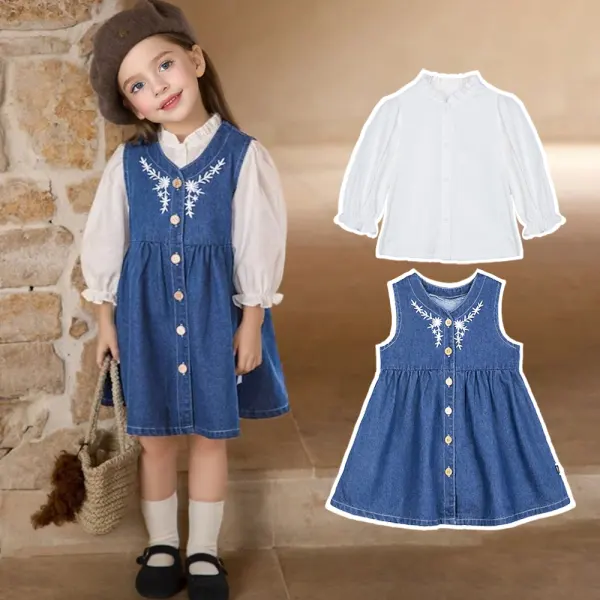 【2Y-8Y】2-piece Girls Sweet White Ruffled Long Sleeve Shirt And Floral Embroidered Sleeveless Denim Dress Set - 34735 - Popopieshop.com 
