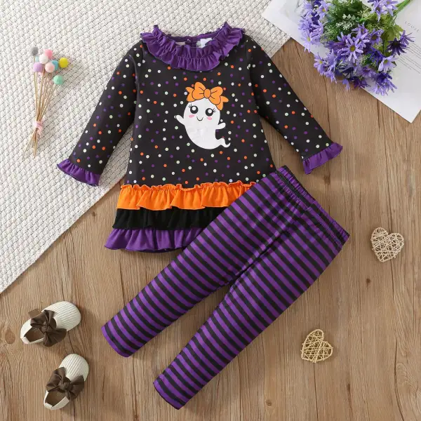 【2Y-8Y】2-piece Girls Halloween Cartoon Ghost Print Ruffled Long Sleeve T-shirt And Pants Set - Popopieshop.com 