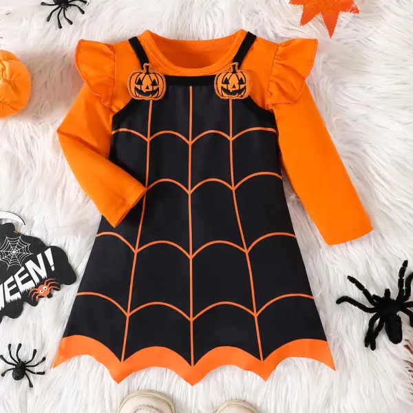 【6M-4Y】2-piece Girls Halloween Ruffle Long Sleeve T-shirt And Spider Web Print Suspender Dress - Popopieshop.com 