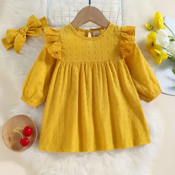 【6M-3Y】2-piece Baby Girl Sweet Chiffon Ruffle Long Sleeve Dress With Headband - Popopieshop.com 