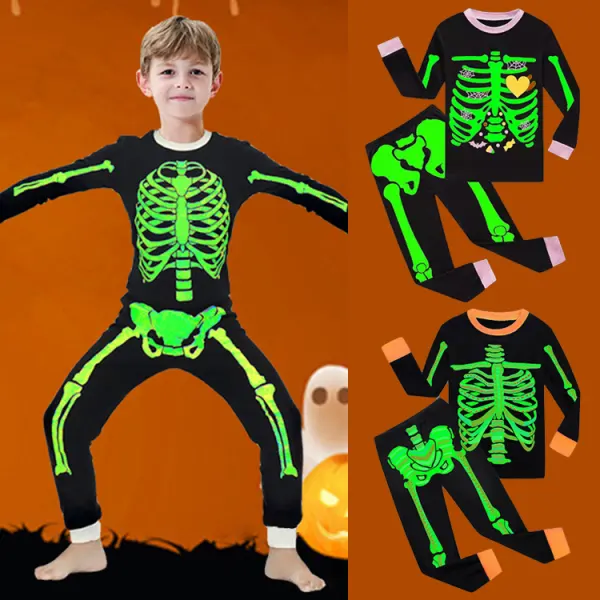 【18M-12Y】2-piece Unisex Halloween Glow-in-the-Dark Skull And Bone Print Long Sleeve Pajamas Set - Popopieshop.com 