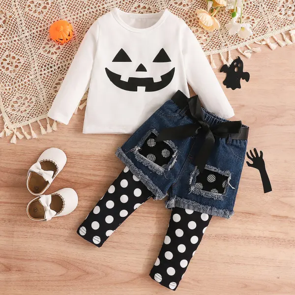 【12M-5Y】3-piece Girls Halloween Cute Long-sleeved T-shirt Ripped Denim Shorts And Polka Dot Leggings Set - Popopieshop.com 
