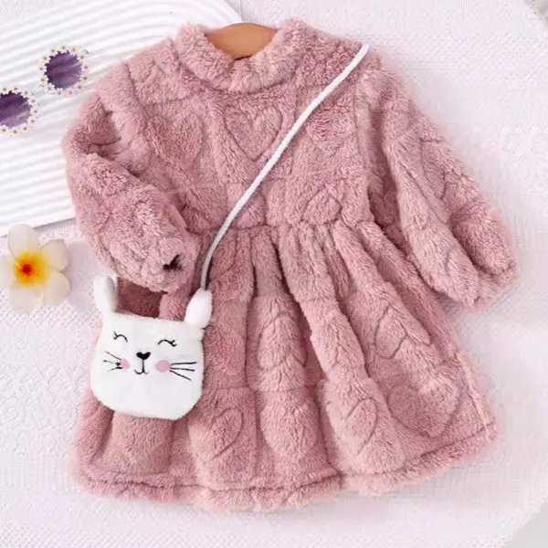 【6M-3Y】2-piece Baby Girls Cute Heart Shape Faux Fur Keep Warm Long Sleeve Dress With Crossbody Bag - Popopieshop.com 
