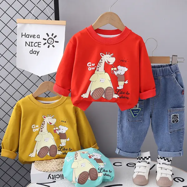 【12M-5Y】2-piece Boys Casual Giraffe Elephant Print Round Neck Sweatshirt And Jeans Set - Popopieshop.com 
