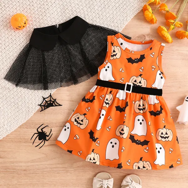 【18M-6Y】2-piece Girls Halloween Doll Collar Mesh Shawl And Cartoon Ghost Print Sleeveless Dress - Popopieshop.com 