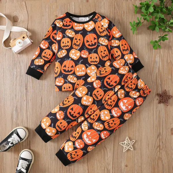 【2Y-8Y】2-piece Unisex Halloween Cute Pumpkin Print Long Sleeve Pajamas Set - Popopieshop.com 