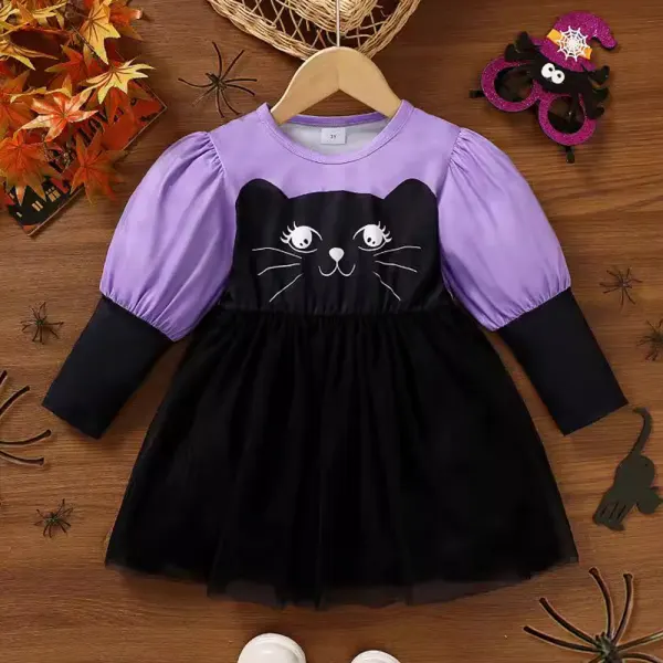 【2Y-7Y】Girls Halloween Cat Print Colorblock Splicing Mesh Dress - Popopieshop.com 