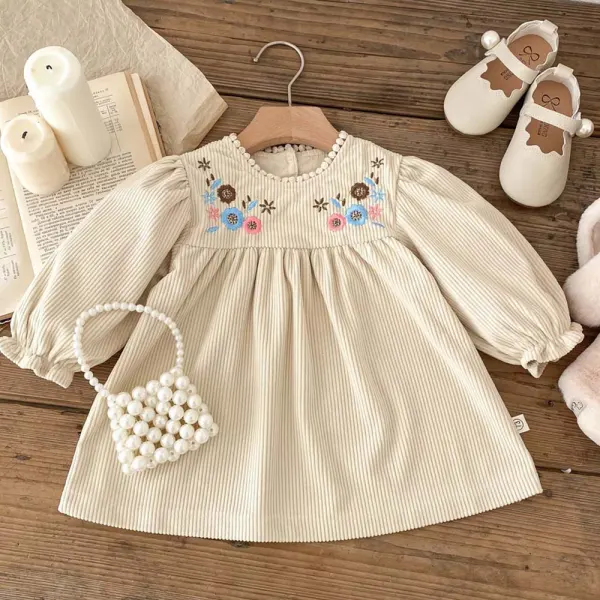 【6M-3Y】Baby Girl Cute Corduroy Floral Embroidered Puff Sleeve Dress - Popopieshop.com 