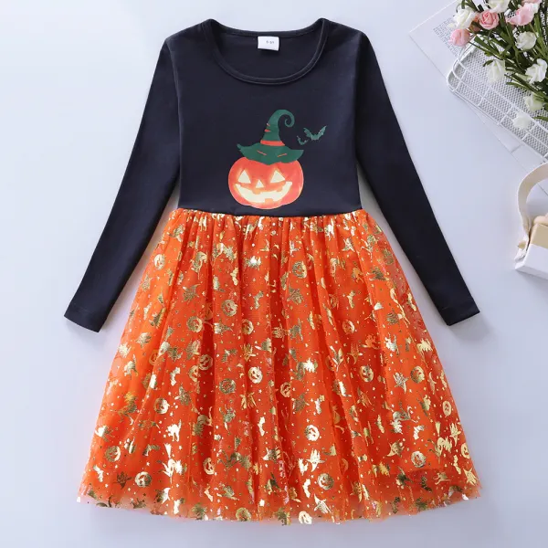 【3Y-8Y】Girls Navy Halloween Pumpkin Print Mesh Long Sleeve Dress - Popopieshop.com 